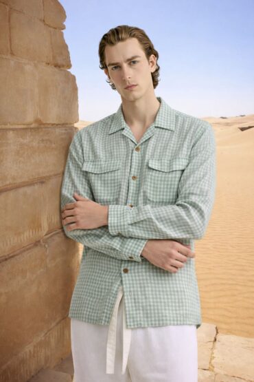 Sage Green Micro Check Cuban Collar Shirt