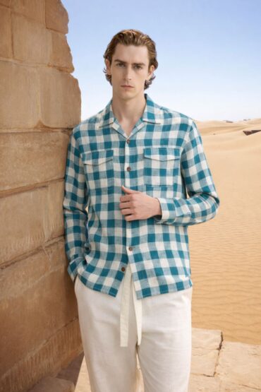 Teal Blue Large Check Cuban Collar Shirt