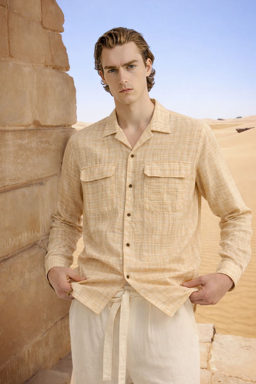 Beige Textured Check Cuban Collar Shirt