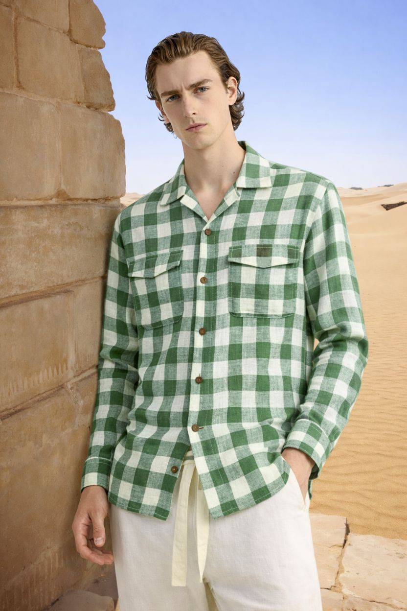 Green Large Check Cuban Collar Cotton Casual Shirt for Men