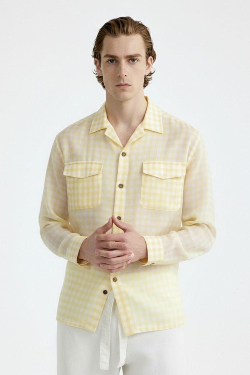 Yellow Mini Gingham Cuban Collar Cotton Shirt for Men