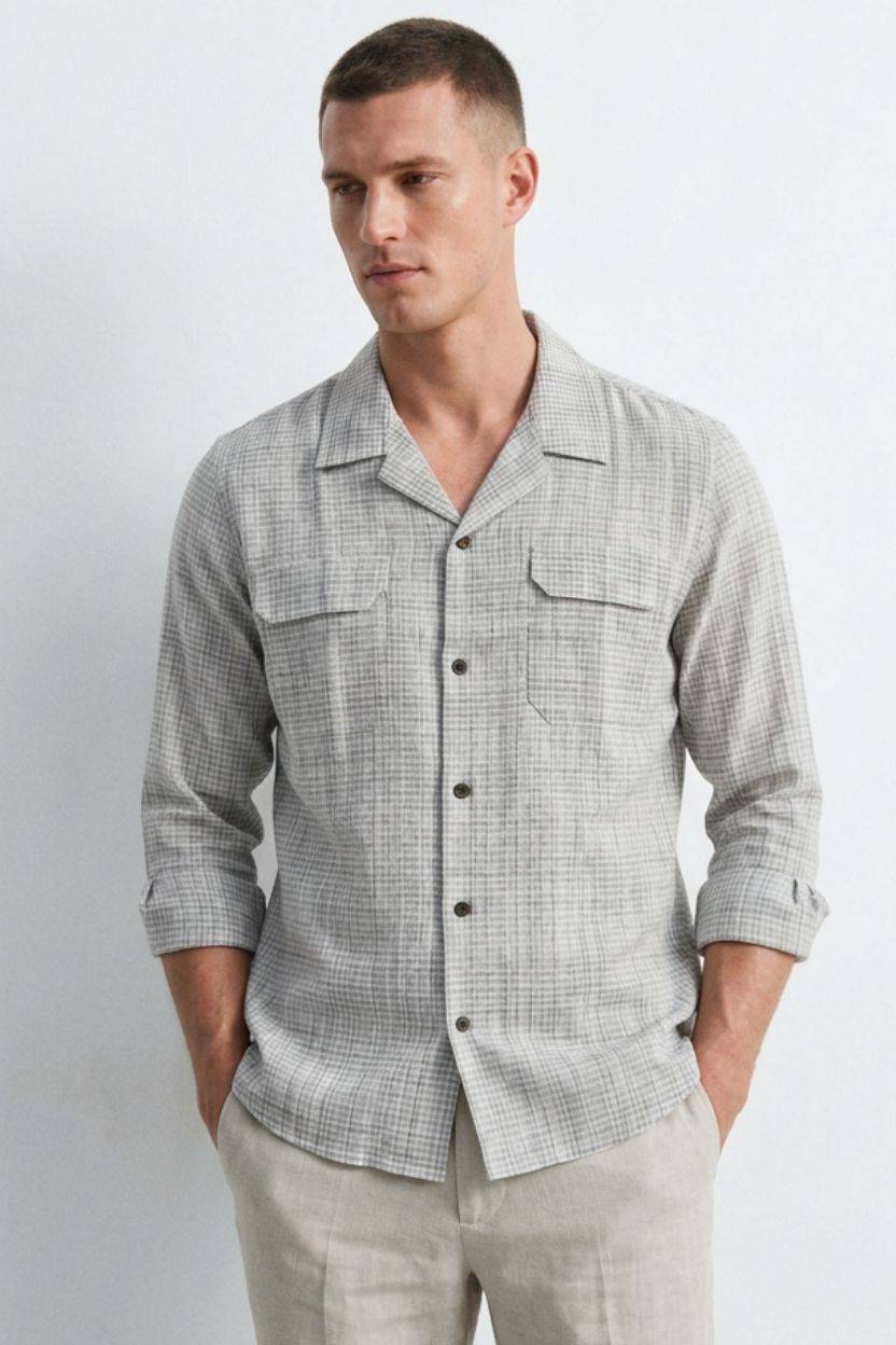 Light Grey Mini Check Cuban Collar Cotton Shirt for Men