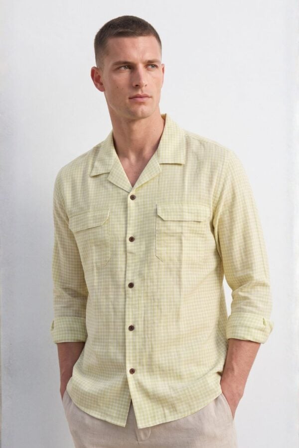 Yellow Mini Gingham Cuban Collar Cotton Shirt for Men