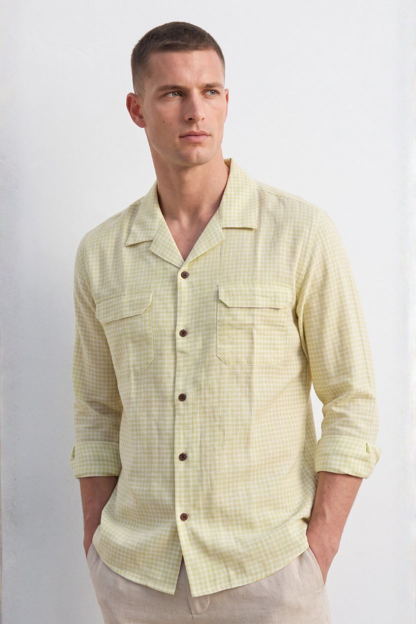 Yellow Mini Gingham Cuban Collar Cotton Shirt for Men
