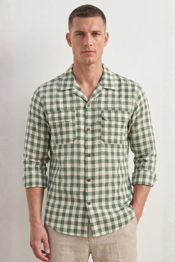 Green Large Check Cuban Collar Cotton Casual Shirt for Men