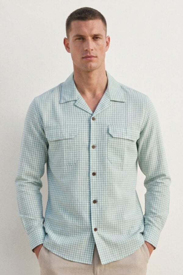 Sage Green Micro Check Cuban Collar Shirt