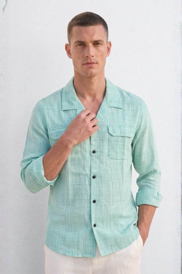 Mint Green Micro Check Cuban Collar Shirt