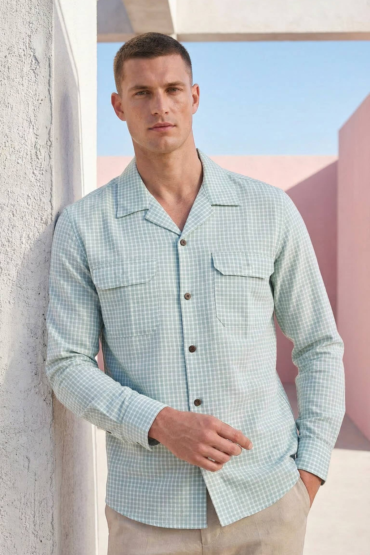 Sage Green Micro Check Cuban Collar Shirt