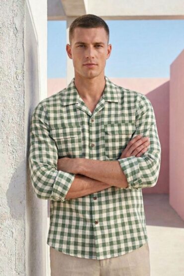 Green Large Check Cuban Collar Cotton Casual Shirt for Men
