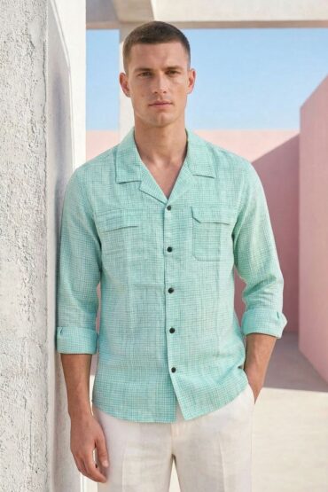 Mint Green Micro Check Cuban Collar Shirt