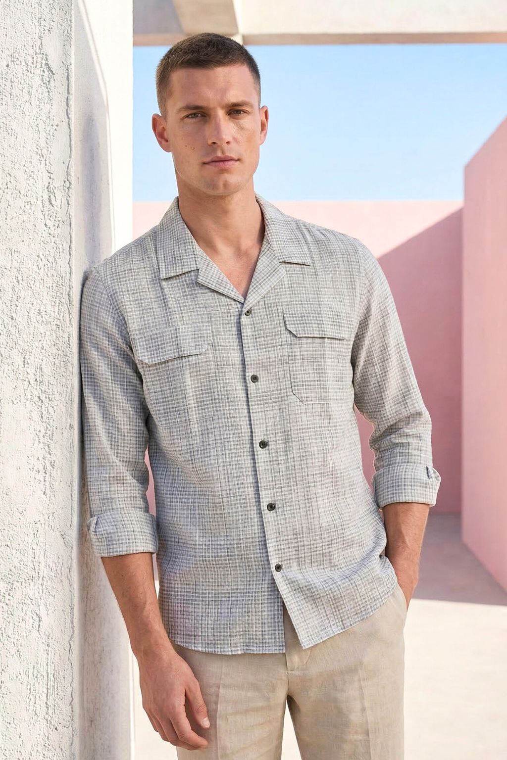 Light Grey Mini Check Cuban Collar Cotton Shirt for Men