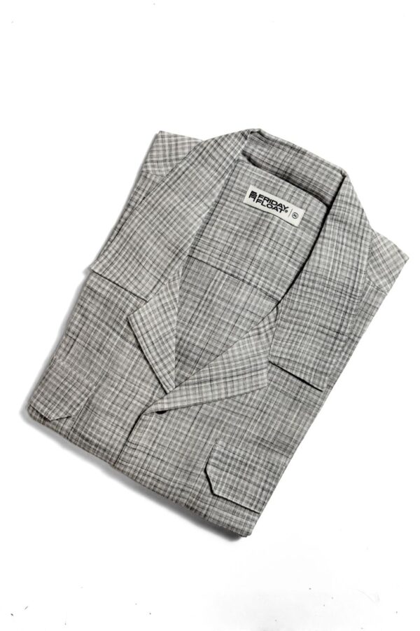 Light Grey Mini Check Cuban Collar Cotton Shirt for Men