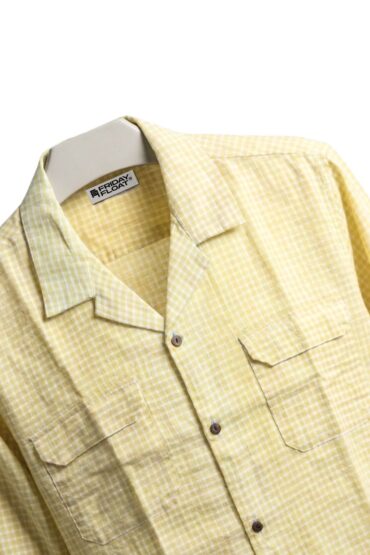 Yellow Mini Gingham Cuban Collar Cotton Shirt for Men