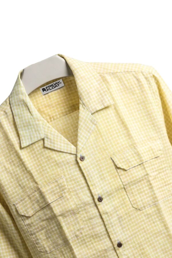 Yellow Mini Gingham Cuban Collar Cotton Shirt for Men