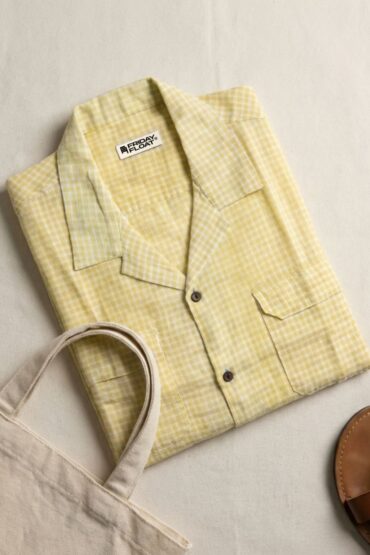 Yellow Mini Gingham Cuban Collar Cotton Shirt for Men