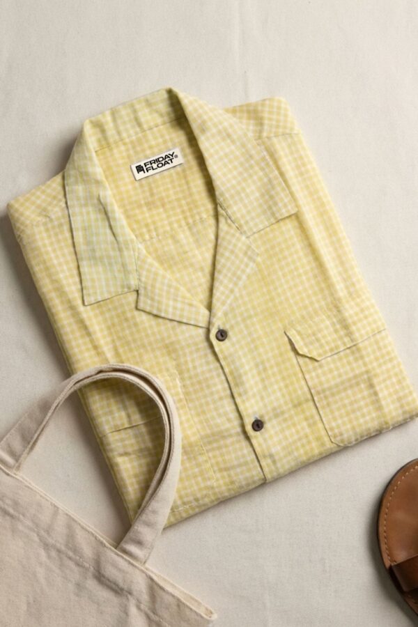 Yellow Mini Gingham Cuban Collar Cotton Shirt for Men