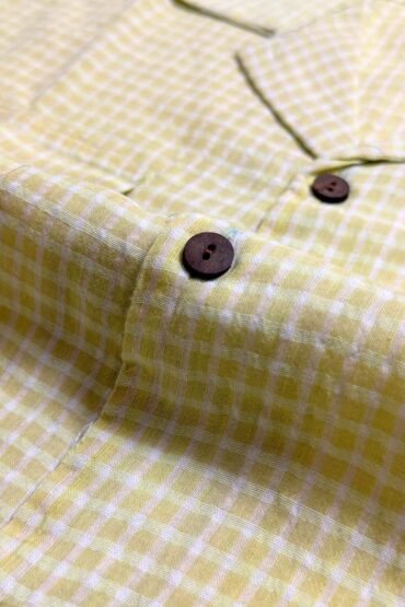 Yellow Mini Gingham Cuban Collar Cotton Shirt for Men