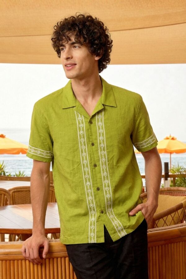 Embroidered Mint Green Cuban Shirt for Men