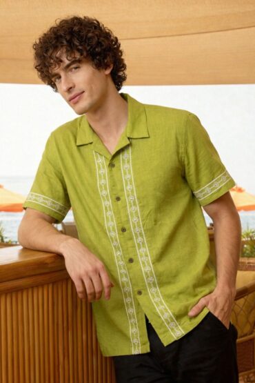 Embroidered Mint Green Cuban Shirt for Men