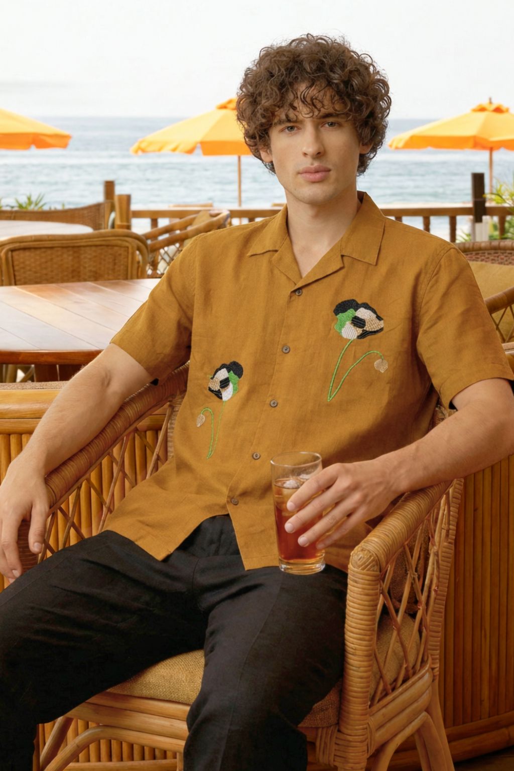 Modern Embroidery Work Brown Cuban Men’s Shirt
