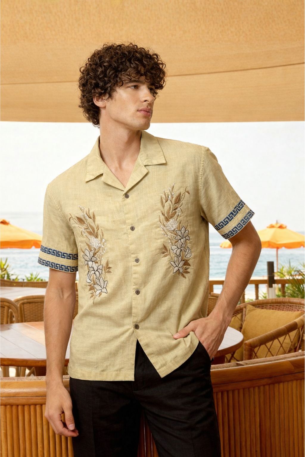 Beige Floral Embroidered Shirt for Men - Image 2
