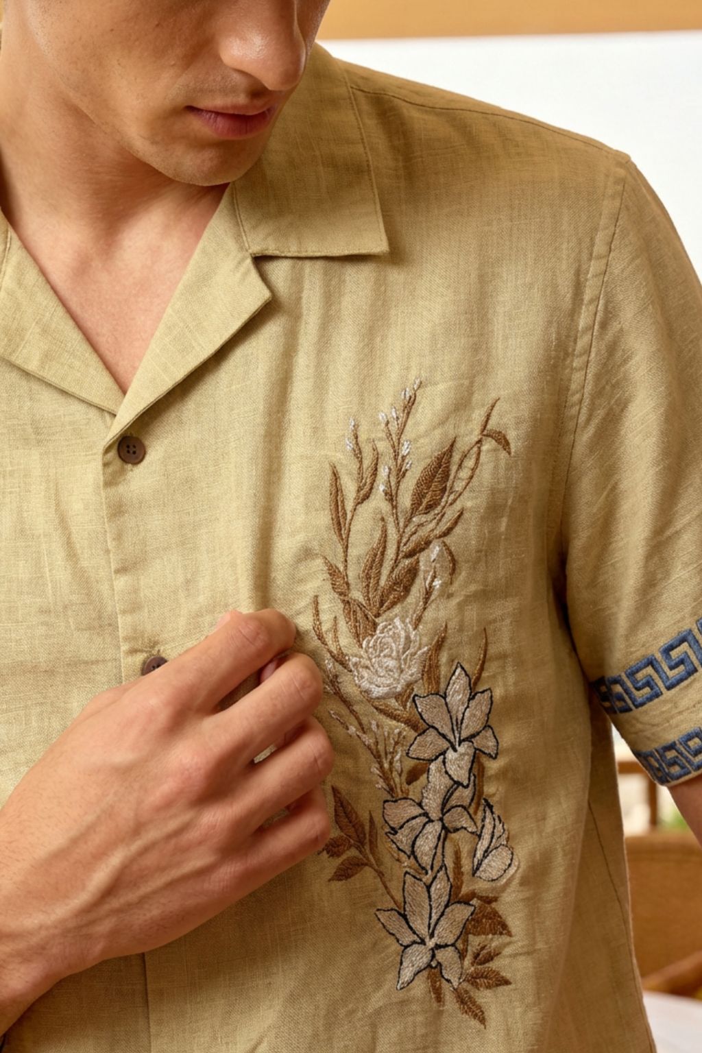 Beige Floral Embroidered Shirt for Men - Image 3