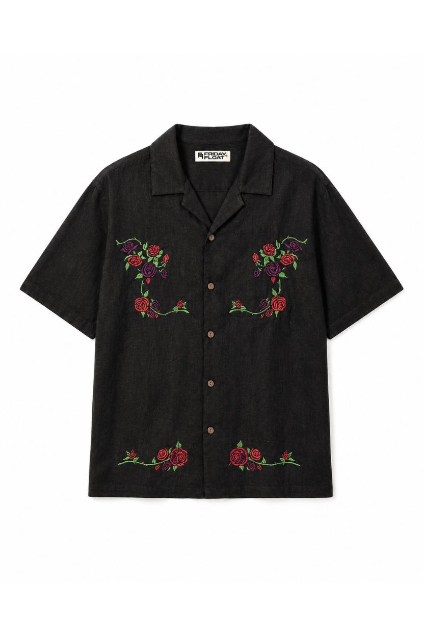 Black Embroidered Rose Shirt for Men - Image 7