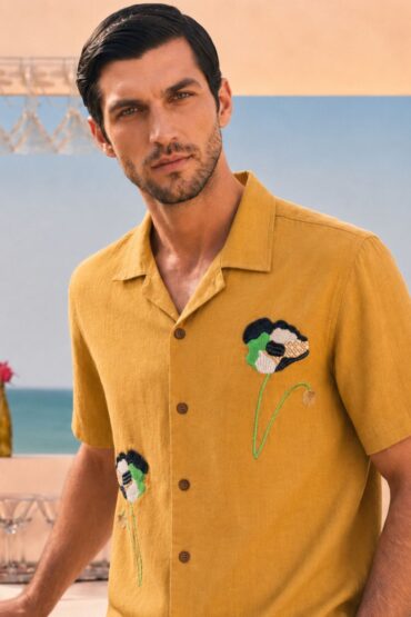 Modern Embroidery Work Brown Cuban Men's Shirt