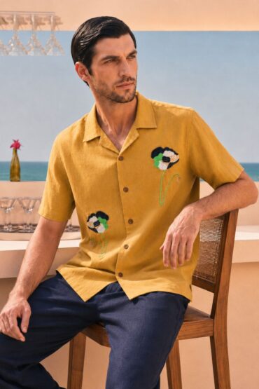 Modern Embroidery Work Brown Cuban Men's Shirt