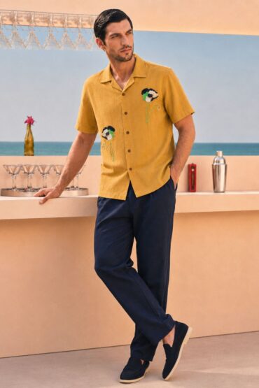 Modern Embroidery Work Brown Cuban Men's Shirt