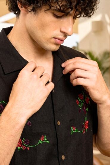 Black Embroidered Rose Shirt for Men