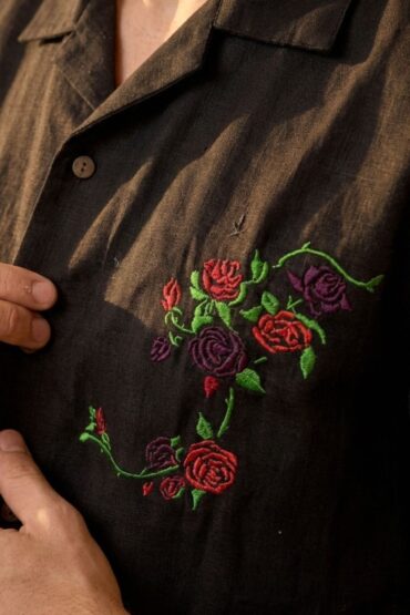 Black Embroidered Rose Shirt for Men