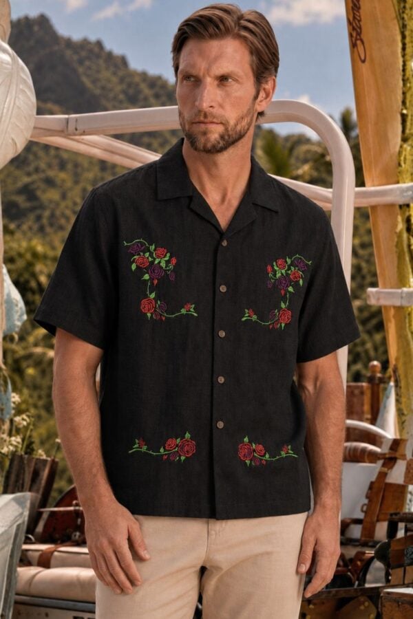Black Embroidered Rose Shirt for Men