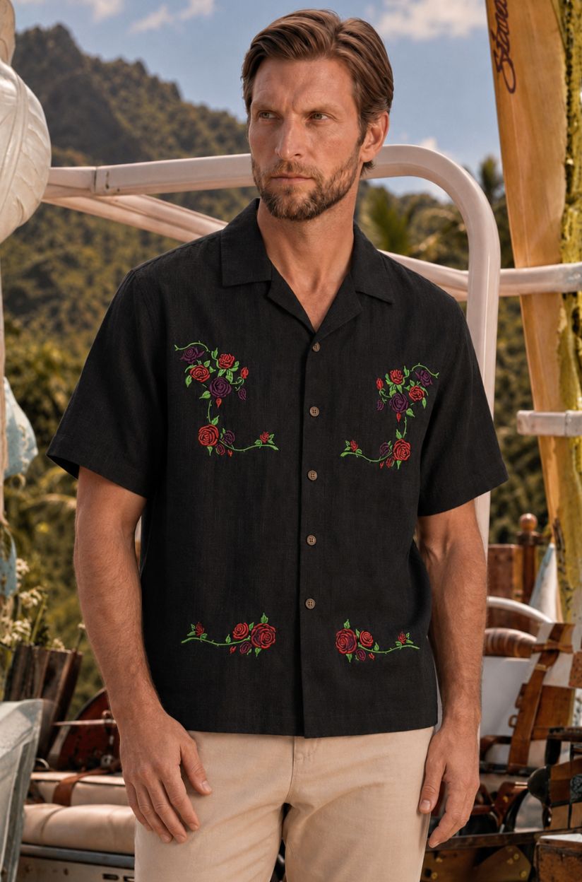 Black Embroidered Rose Shirt for Men - Image 4