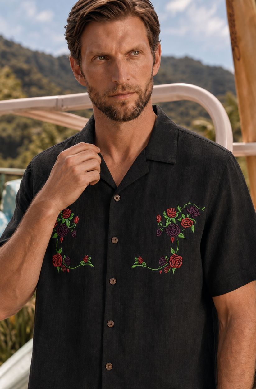 Black Embroidered Rose Shirt for Men - Image 3