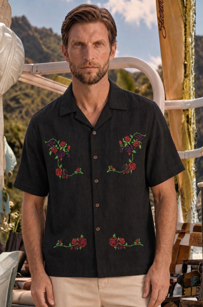 Black Embroidered Rose Shirt for Men - Image 2