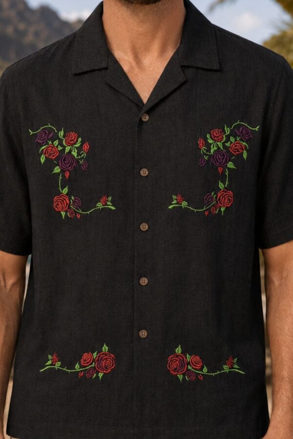 Black Embroidered Rose Shirt for Men