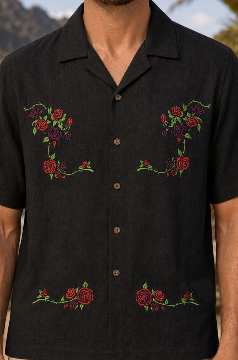 Black Embroidered Rose Shirt for Men - Image 5