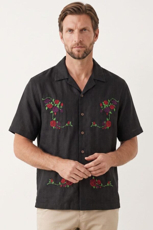 Black Embroidered Rose Shirt for Men