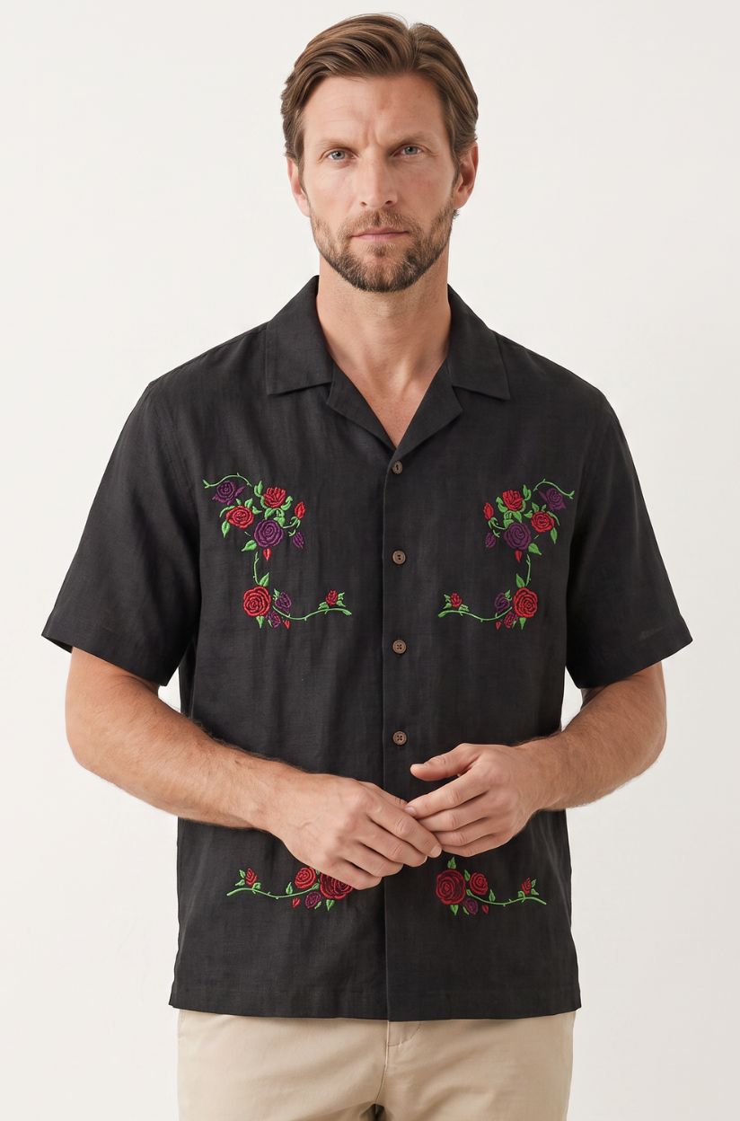 Black Embroidered Rose Shirt for Men