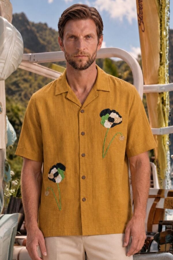 Modern Embroidery Work Brown Cuban Men's Shirt