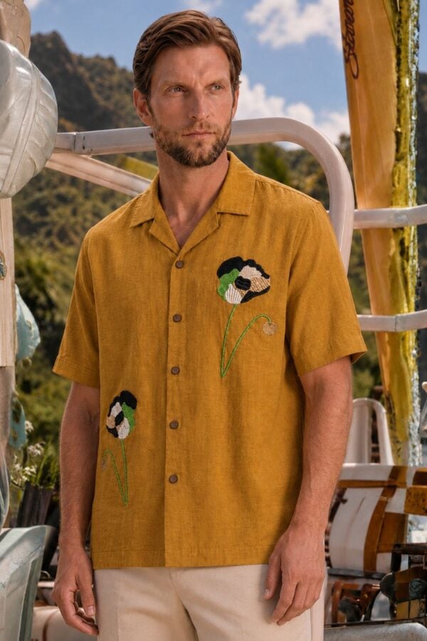 Modern Embroidery Work Brown Cuban Men's Shirt