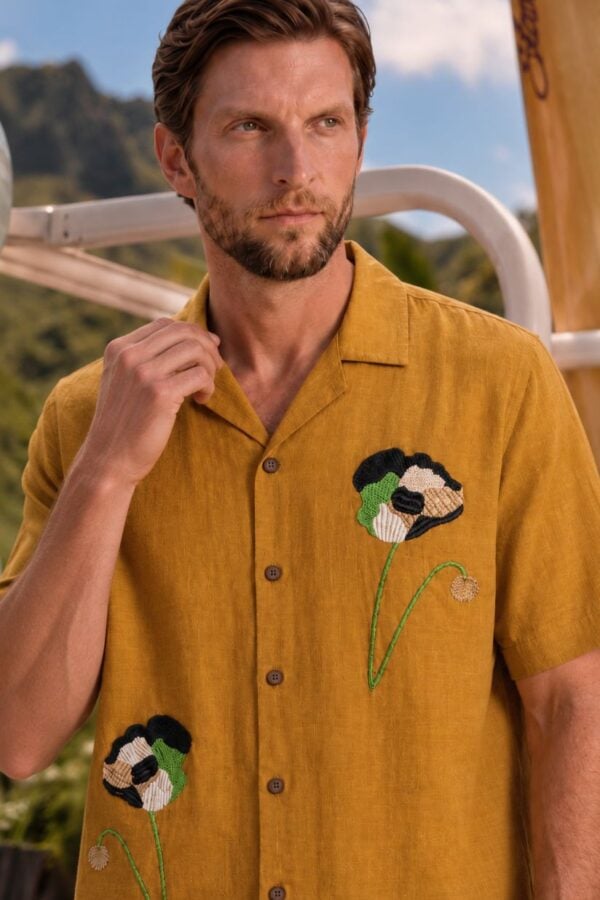 Modern Embroidery Work Brown Cuban Men's Shirt