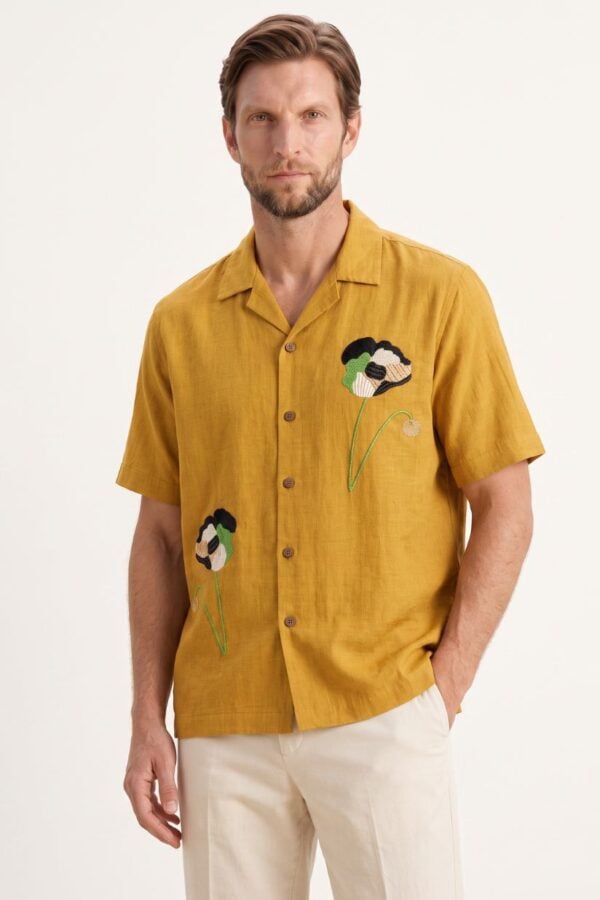 Modern Embroidery Work Brown Cuban Men's Shirt