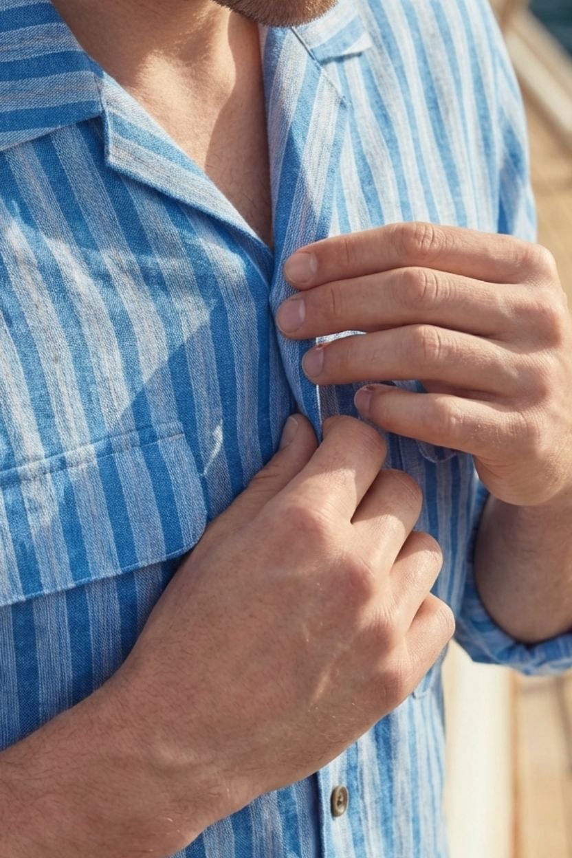 Stripe Blue Textured Khadi Cotton Cuban Shirt - Image 3