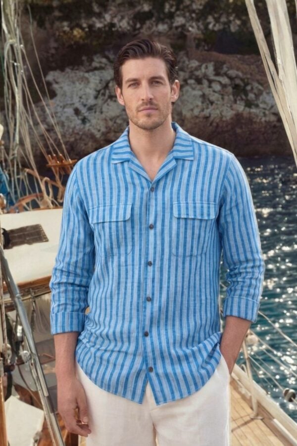 Stripe Blue Textured Khadi Cotton Cuban Shirt