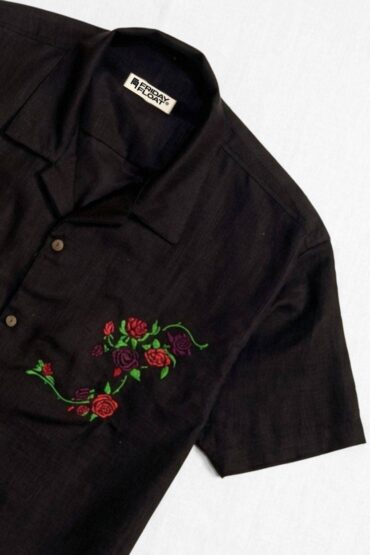 Black Embroidered Rose Shirt for Men