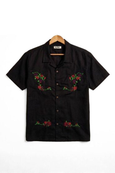 Black Embroidered Rose Shirt for Men