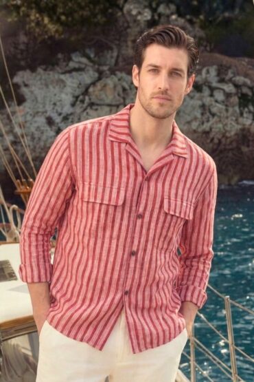 Stripe Red Textured Khadi Cotton Cuban Shirt