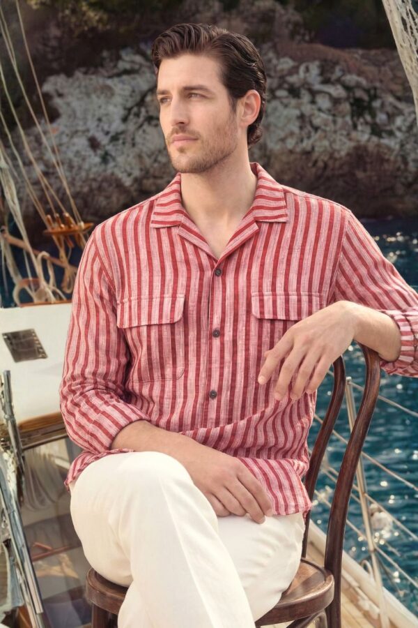 Stripe Red Textured Khadi Cotton Cuban Shirt